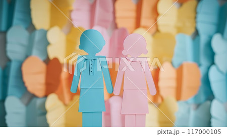 Two paper cutout figures of women standing side by side with a colorful butterfly background, equality, friendship, diversity, art 117000105