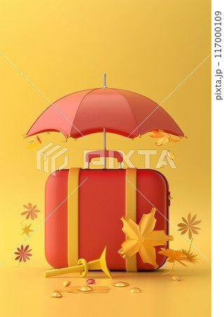 Red suitcase with yellow straps under a red umbrella on a yellow background surrounded by flower petals travel protection insurance vacation safety 117000109