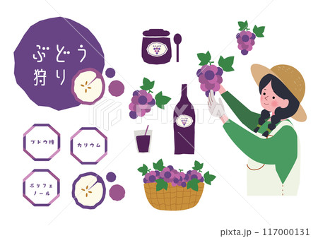 葡萄を収穫する女性のイラストセット 117000131