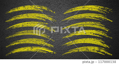 Yellow grunge tire tracks, wheel braking marks. Truck, car or motorcycle tread pattern silhouettes. Auto race, motorsport, speed racing design element. Asphalt texture. Vector illustration Yellow grunge tire tracks, wheel braking marks. Truck, car or motorcycle tread pattern silhouettes. Auto race, motorsport, speed racing design element. Asphalt texture. Vector illustration 117000138