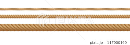 Rope string, realistic jute cord, hemp twisted rope isolated on white background. 117000160