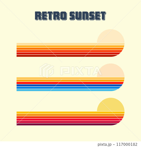 Horizontal vintage sunsets. Various colorful striped sunrise badges in 80s and 90s style. Sun and ocean view, summer vibes, surfing. Design element, print, logo or t-shirt. Vector illustration 117000182