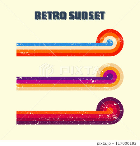Grunge horizontal vintage sunsets. Various colorful striped sunrise badges in 80s and 90s style. Sun and ocean view, summer vibes, surfing. Design element, print, logo or t-shirt. Vector illustration Grunge horizontal vintage sunsets. Various colorful striped sunrise badges in 80s and 90s style. Sun and ocean view, summer vibes, surfing. Design element, print, logo or t-shirt. Vector illustration 117000192