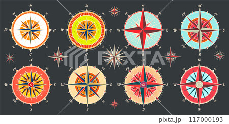 Vintage marine wind rose, nautical chart. Colorful navigational compass with cardinal directions of North, East, South, West. Geographical position, cartography and navigation. Vector illustration 117000193