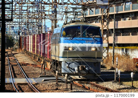 EF66電気機関車が牽引するコンテナ貨物列車 EF66電気機関車が牽引するコンテナ貨物列車 117000199