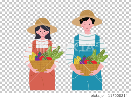 野菜が入ったバスケットを抱える農家の男女のイラスト 117000214