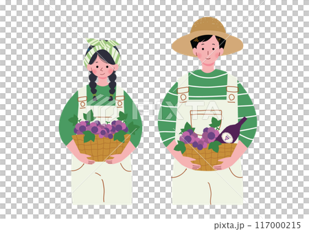 一個男人和一個女人拿著裝滿葡萄的籃子的插圖 一個男人和一個女人拿著裝滿葡萄的籃子的插圖 117000215