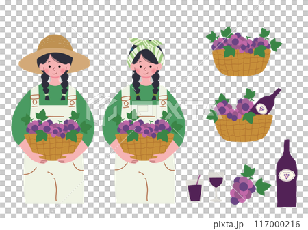 葡萄とワインが入ったバスケットを抱える女性のイラストセット 117000216