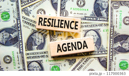 Resilience agenda symbol. Concept word Resilience agenda typed on wooden blocks. Beautiful background from dollar bills. Business and resilience agenda concept. Copy space. Resilience agenda symbol. Concept word Resilience agenda typed on wooden blocks. Beautiful background from dollar bills. Business and resilience agenda concept. Copy space. 117000363