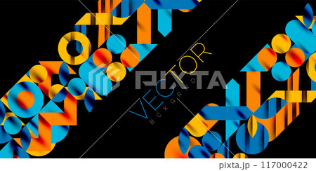 Colorful simple dynamic geometric forms circles lines and round shapes. Mosaic techno art concept. Vector Illustration For Wallpaper, Banner, Background, Card, Book Illustration, landing page 117000422