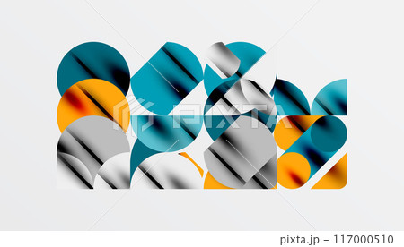 Color beautiful circles, semi circles, squares and round triangles. Geometric mosaic style pattern abstract background for wallpaper, banner, backdrop, card, book Illustration, landing page Color beautiful circles, semi circles, squares and round triangles. Geometric mosaic style pattern abstract background for wallpaper, banner, backdrop, card, book Illustration, landing page 117000510