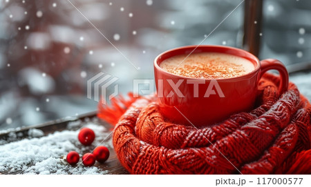 Cozy winter image with a cup of hot cocoa in a red scarf 117000577