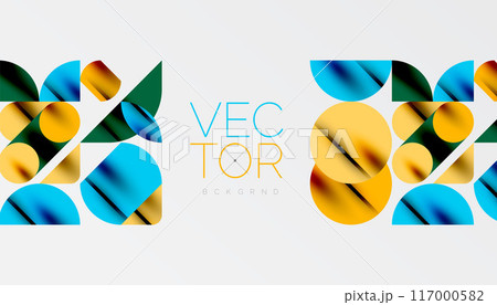 Color beautiful circles, semi circles, squares and round triangles. Geometric mosaic style pattern abstract background for wallpaper, banner, backdrop, card, book Illustration, landing page Color beautiful circles, semi circles, squares and round triangles. Geometric mosaic style pattern abstract background for wallpaper, banner, backdrop, card, book Illustration, landing page 117000582