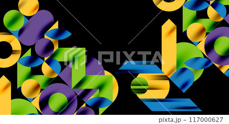 Colorful simple dynamic geometric forms circles lines and round shapes. Mosaic techno art concept. Vector Illustration For Wallpaper, Banner, Background, Card, Book Illustration, landing page 117000627
