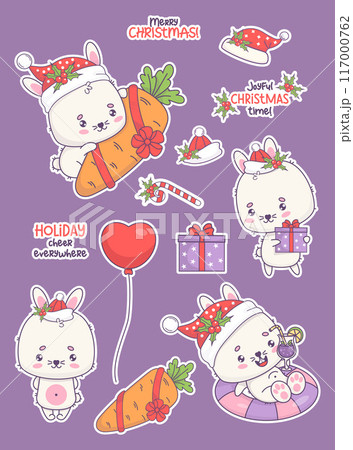 Cute Christmas bunny in Santa hat stickers. Isolated festive funny kawaii rabbit character with carrot and gift, animal floating on inflatable ring with cocktail and cool phrases. Vector illustration. Cute Christmas bunny in Santa hat stickers. Isolated festive funny kawaii rabbit character with carrot and gift, animal floating on inflatable ring with cocktail and cool phrases. Vector illustration. 117000762