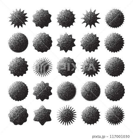 Brutalist geometric shapes, dotted objects. Stipple elements modern symbols. Simple primitive forms. Retro design, trendy contemporary minimalist style, y2k. Dot shading, drawing. Vector illustration 117001030