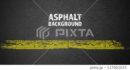 Yellow grunge tire tracks, wheel braking marks. Truck, car or motorcycle tread pattern silhouettes. Auto race, motorsport, speed racing design element. Asphalt texture. Vector illustration 117001035