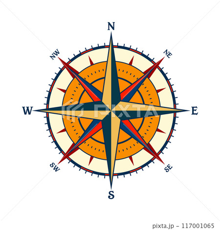 Vintage marine wind rose, nautical chart. Colorful navigational compass with cardinal directions of North, East, South, West. Geographical position, cartography and navigation. Vector illustration 117001065