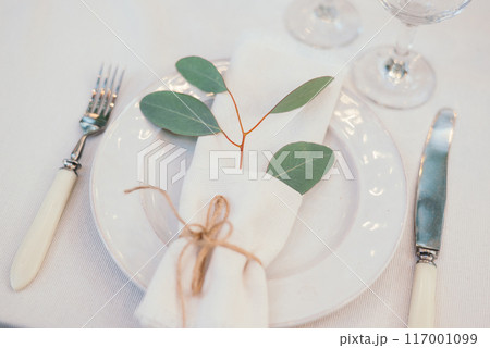 Table setting with napkin on empty white plate, wineglasses and cutlery on table, copy space. Place setting at wedding reception. Table served for banquet 117001099