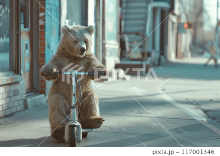 bear rides a scooter on a city sidewalk 117001346