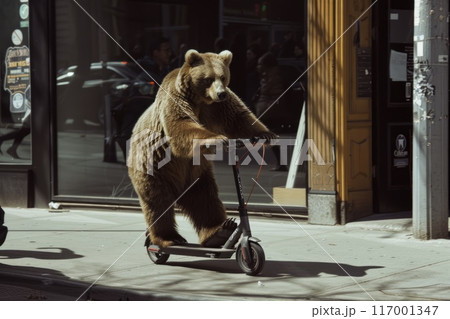bear rides a scooter on a city sidewalk 117001347