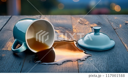 Broken Coffee Cup on Wooden Table. Generative AI 117001588
