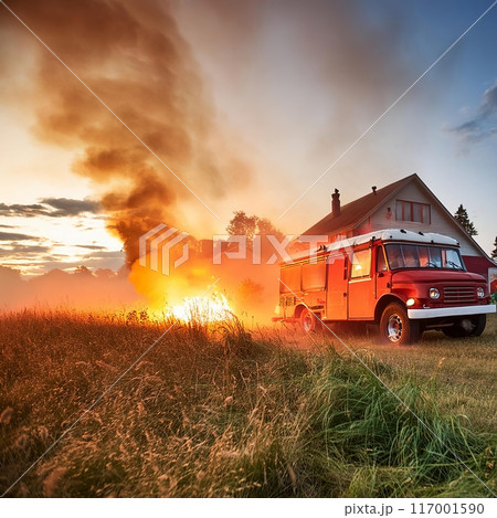Red Fire Truck Responding to Grass Fire at Sunset. Generative AI 117001590