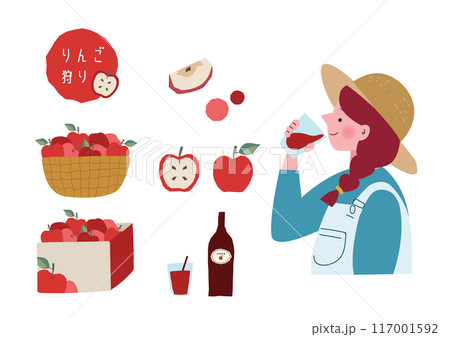 りんごジュースを飲む女性とりんごのイラストセット りんごジュースを飲む女性とりんごのイラストセット 117001592