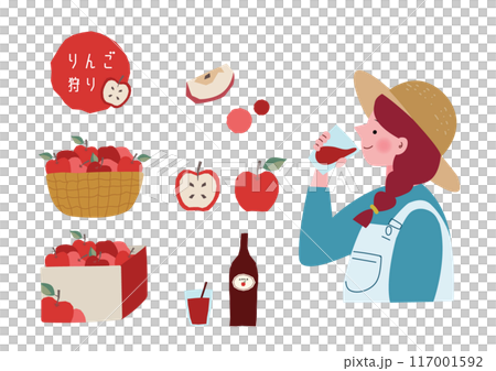 一個女人喝蘋果汁和一個蘋果的插圖集 一個女人喝蘋果汁和一個蘋果的插圖集 117001592
