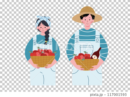 りんごが入ったバスケットを抱える若い男女のイラスト 117001593