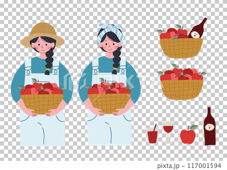 りんごが入ったバスケットを抱える女性のイラストセット 117001594