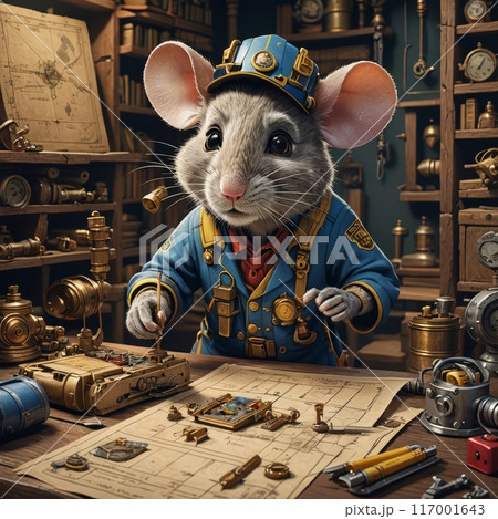 A Mouse Engineer Works on a Steampunk Gadget in a Workshop. Generative AI 117001643
