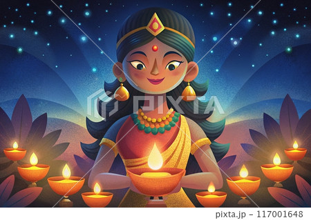 Happy Diwali design with young indian woman holding oil lamp diya. Ai generated Happy Diwali design with young indian woman holding oil lamp diya. Ai generated 117001648