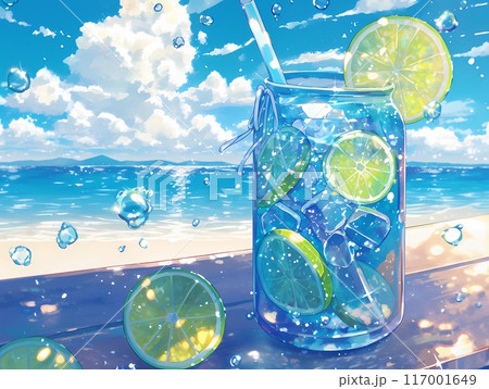 冷たいレモンスカッシュとコバルトブルーの海 117001649
