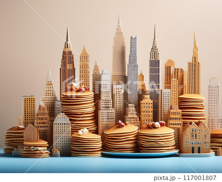 Miniature Skyscrapers Constructed of Stacked Pancakes in a Studio Setting. Generative AI 117001807