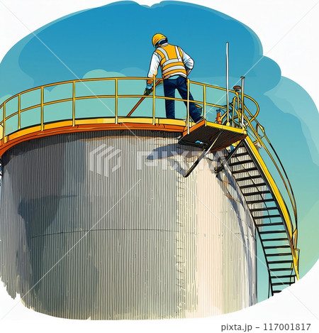 Worker Inspecting Large Industrial Storage Tank on a Sunny Day. Generative AI 117001817