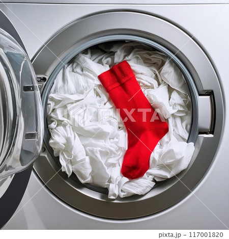 Red Sock In A Washing Machine. Generative AI 117001820