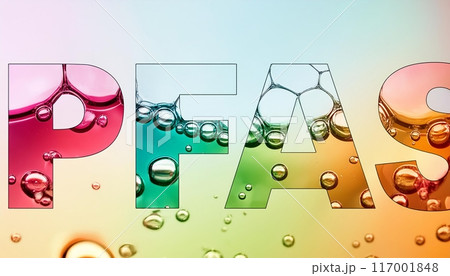 PFAS Chemical Compound Spelling With Colorful Bubbles. Generative AI 117001848