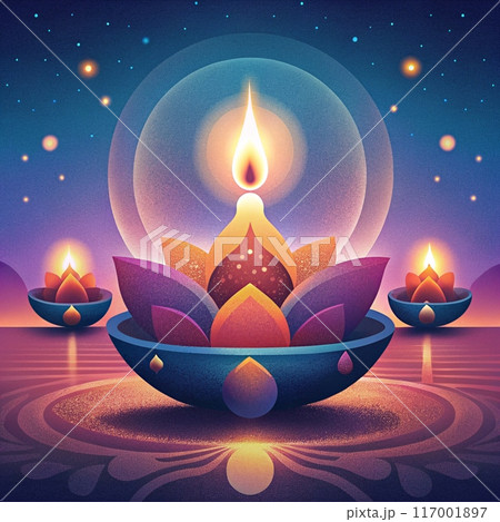 Happy Diwali. Diwali deepak lights. Square illustration of traditional Indian oil lamps. Ai generated  Happy Diwali. Diwali deepak lights. Square illustration of traditional Indian oil lamps. Ai generated  117001897
