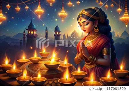 Happy Diwali illustration with beautiful indian woman and oil lamps diya. Ai generated  Happy Diwali illustration with beautiful indian woman and oil lamps diya. Ai generated  117001899