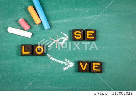 LOSE and LOVE Concept. Old letter tiles on a green chalkboard background LOSE and LOVE Concept. Old letter tiles on a green chalkboard background 117002022