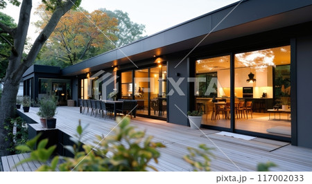 Modern Home Exterior With Glass Wall and Wooden Deck Surrounded by Nature 117002033