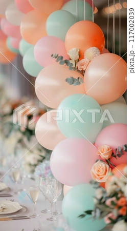 Colorful Balloon Decor and Floral Arrangements for a Festive Celebration 117002039
