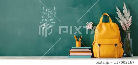 Bright Yellow Backpack and School Supplies Against Green Chalkboard Background 117002167