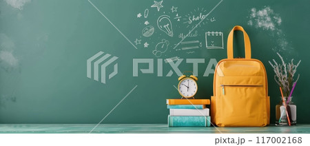 Bright Yellow Backpack and School Supplies Against Green Chalkboard Background 117002168
