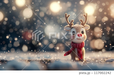Cheerful Cartoon Reindeer in Snowy Winter Wonderland With Red Scarf 117002242
