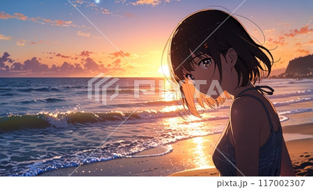 夕日に染まる海と少女 117002307