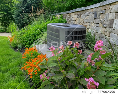 An outdoor air conditioner unit is placed on a concrete slab next to a stone wall, surrounded by vibrant pink and orange flowers and lush green plants. An outdoor air conditioner unit is placed on a concrete slab next to a stone wall, surrounded by vibrant pink and orange flowers and lush green plants. 117002350