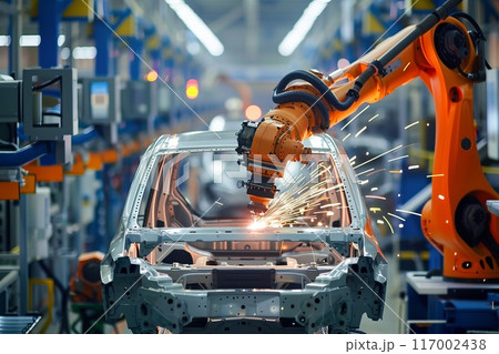 A robot at a car factory welds a car frame. Robotic assembly line in an automotive factory 117002438