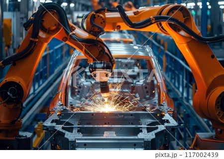 A robot at a car factory welds a car frame. Robotic assembly line in an automotive factory 117002439